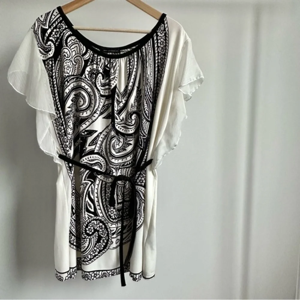 QED London Boho Tunic Top Dress White Black Paisley Flutter‎ Ruffle Sleeves - L - Picture 10 of 14